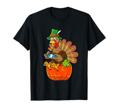 Thanksgiving Turkey Gamer Pumpkin Boys Kids Teens Gaming T-Shirt
