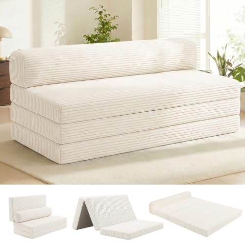 NLDD Convertible Sofa Bed, Boneless Loveseat with Removable Cushions & Washable Cover, Futon Sofa Bed with Handle, Pull Out Couch for Living Room, King Size, Beige