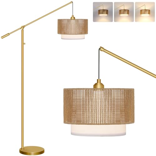 Image of 【Upgraded】Boho Dimmable Floor Lamps with Adjustable Swing Arm, 1100 Lumens Bulb Included, Modern Standing Lamp with Rattan & Fabric Shades, Farmhouse Tall Arc Floor Lamp for Living Room Bedroom, Gold