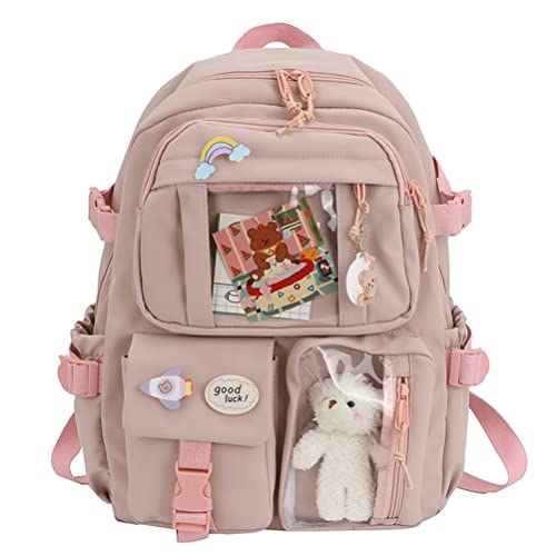 Gefemini Mochila feminina Kawaii com urso pequeno de pel�cia, v�rios bolsos, mochila escolar de grande capacidade para meninas adolescentes