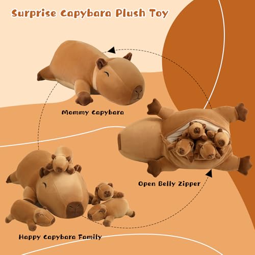 Image of TOYSYM Capybara Plush Cute Capybara Stuffed Animal Pillow with 4 Baby Plushies in Her Tummy, Soft Cotton Stuffed Animals Toy Gifts for Kids