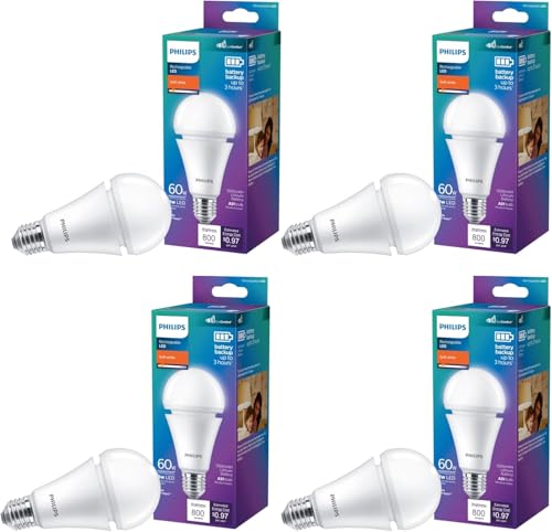PHILIPS A21 Battery Back Up LED Light Bulb - Flicker Free Frosted 60w Light Bulbs with EyeComfort Technology - Soft White Lightbulb - 800 Lumen - E26 Base - 4 Pack
