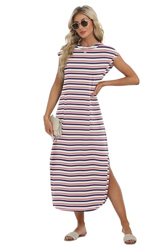 Image of HiMONE Beach Vacation Dresses for Women 2025 Sundress Cap Sleeves Casual Maxi Beach Dress with Pockets XS-2XL