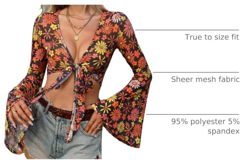 Image of For G and PL Women Tie Front Bell Sleeve Rave Crop Tops Floral Print Hippie Mesh Sheer Shirt