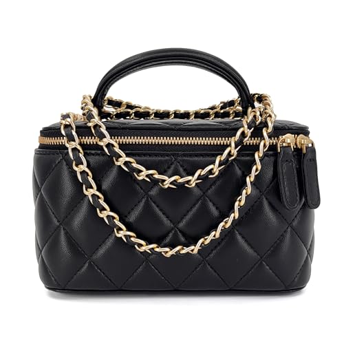 Small Genuine Leather Purse Quilted Crossbody Bag for Women, Mini Top-Handle Shoulder Handbag w/Gold Chain Strap