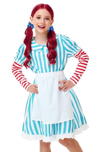 Deerose Girls Halloween Fast Food Dress with Apron Striped Puff Sleeve Dresses 3-14 Years2