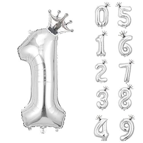 養楽堂 誕生日 バルーン 数字 パーティー 飾り風船 0-9 王冠 デコレーション装飾 32インチ 大きい バルーン 結婚式 記念日 子供 大人兼用 シルバー1