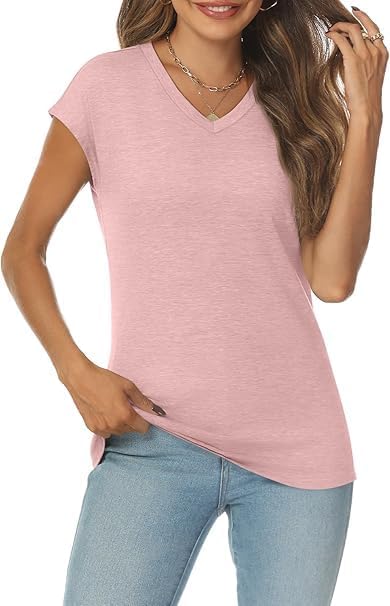 Women's V-Neck Cap Sleeve T-Shirt, Casual Summer Top in Pink