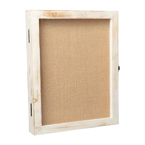 Flash Furniture Peyton Shadow Box Display Case, Solid Pine Wood Frame, Powder Coated Latch and Hinges, Foam Back with Linen Liner, 8 Push Pins, 11x14, Whitewash