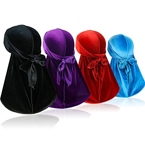 4 Pieces Velvet Men Durags – Premium Soft Durag Headwraps with Extra Long Tail and Wide Straps Perfect for 360 Waves
