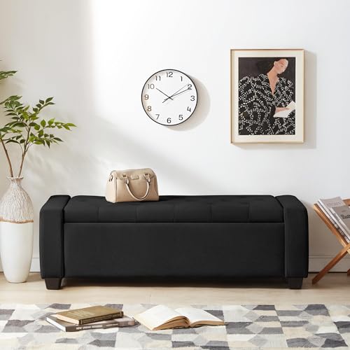 Image of Huatean Home 48 inch Ottoman with Storage, Black Storage Ottoman Bench with Safety Hinge, Upholstered Entryway Bench with Seating for Bedroom, Living Room, Holds up to 330 lb