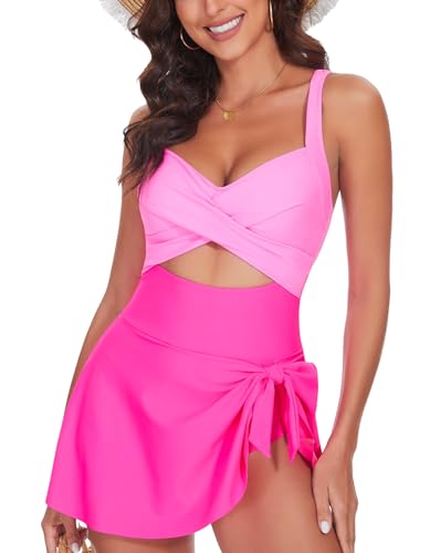 One Piece Swimsuit Women Tummy Control Swim Dress Sexy Criss Cross Tie Back Bathing Suit