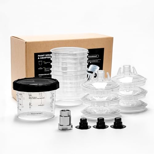InoKraft Einweg-Farbspritzgerät Mischbecher, Mini 6 Unzen (180ml) Set mit 6 Bechern und Deckeln, 1 Hartschalenbecher, 3 Stopfen, Farbsystem für HVLP LVLP Spritzpistole mit Adapter für Anfänger