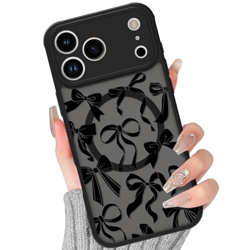 BITOBE Case for iPhone 17 Pro Max [Compatible with MagSafe] Cute Ribbon Bow Pattern for Women Girls Soft TPU Bumper Translucent Magnetic Slim Protective Cover - Black Bows