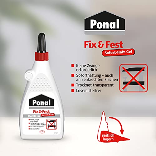 Ponal Fix & Fest Holzleim, sofort haftender Holzkleber für die Innenanwendung, gelartiger Kleber ideal für senkrechte Flächen, transparent trocknender Leim, 1 x 200g