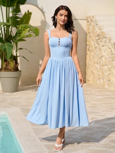 Image of KUTUMAI Women Summer Corset Midi Floral Wedding Guest Dresses with Pockets | Lace Neck, Smocked Back, Flowy A Line Sundress for 2026 Engagement Photoshoot Bridal Shower Garden Party
