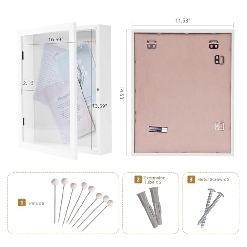 Image of Muzilife 11x14 Shadow Box Picture Frame - 2.16 inch Interior Deep Wood & Glass Display Case Ready to Hang Memory Box Baby Sports Memorabilia, Wedding, Tickets, and Photos (White)