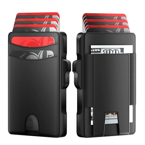 Minimalist Mens Wallet Card Holder: Pop Up Card Case, Genuine Leather, Smart, RFID Blocking, Slim, Thin, Front Pocket, Gift Box - 9-12 Card Capacitiy, Cash Pocket (Black)