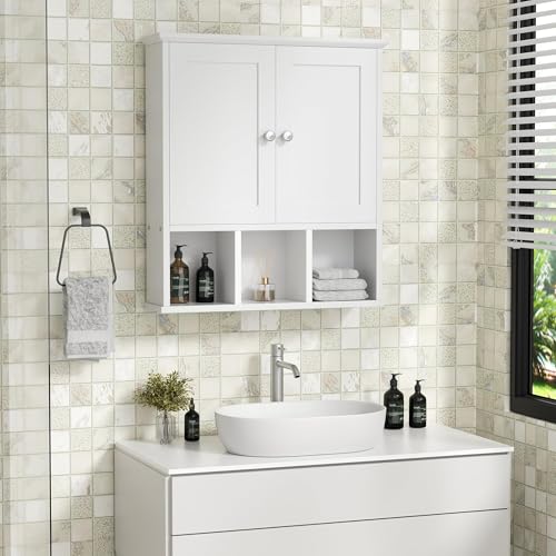 Shintenchi Bathroom Wall Cabinet with Door, Storage Organizer Over The Toilet Medicine, Space Saving with Adjustable & Open Shelf, Solid White - Image 8