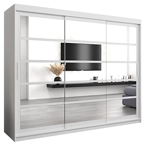 Kryspol Schwebetürenschrank Roma 2 250 cm mit Spiegel Kleiderschrank mit Kleiderstange und Einlegeboden Schlafzimmer- Wohnzimmerschrank Schiebetüren (Weiß)