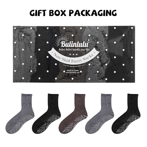 Image of Bulinlulu Fuzzy Socks With Grips for Women, 5 Pairs Non Slip Sleep Warm Fluffy Slipper Socks Gifts for Women