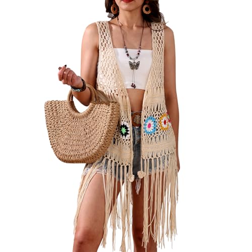 Image of Women's Floral Crochet Hollow Out Sleeveless Fringe Boho Retro-Look Handmade Cardigan Vest Tassels