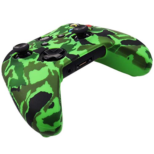 Image of YoRHa Water Transfer Printing Camouflage Silicone Cover Skin Case for Microsoft Xbox One X & Xbox One S Controller x 1(Green) with PRO Thumb Grips x 8