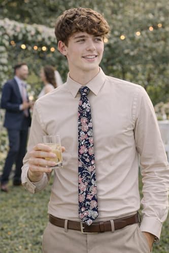 Image of BELLUNO Men's Cotton Floral Skinny Tie, 2.5 inch Width, with Gift Box