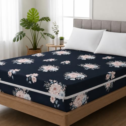 Image of Premium Cotton Printed Mattress Cover /Protector with Zipper Chain|Provides All Around with 360 Encasing | Double King Size Bed - 78x72+8 inches (6.5 x 6 Feet Mattress) Black White Rose