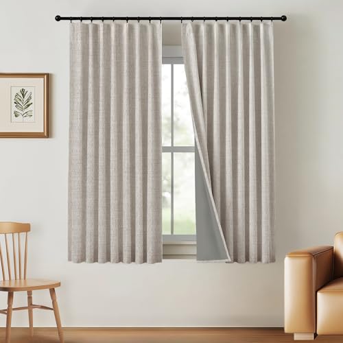Cortinas Oscuras Totalmente 183cm - 2 Paneles 100% Bloqueo Luz Térmicas y Antiruido Tejido Mezcla de Lino, Estilo Boho Rústico para Dormitorio/Salón Color Lino Natural Crudo - Incl Ganchos