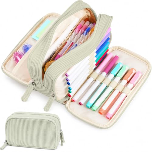 Image of Sooez Big Capacity Pencil Case Pen Pouch, Soft Corduroy Pencil Bag with 3 Compartment, Multiple Pockets, Sturdy Zipper, Cute School Supplies Pen Bag Organizer For Teen Girls College, Green