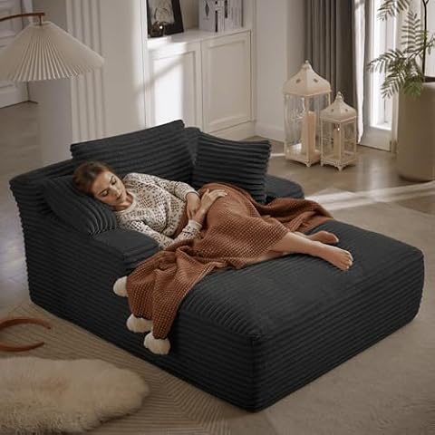 50 Inches Chaise Lounge Indoor, Oversized Chaise Lounge Chair with 3 Throw Pillows and Armrests, Corduroy Upholstered Plush Sofa Bed Lazy Chair Bed Sleeper Chair for Living Room Apartment (Black) Cover