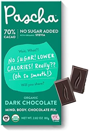 Pascha Organic Sugar Free Dark Chocolate Bars 70% Cacao, UTZ, Gluten Free & Non GMO, No Added Sugar, 10 Count(Pack of 1)
