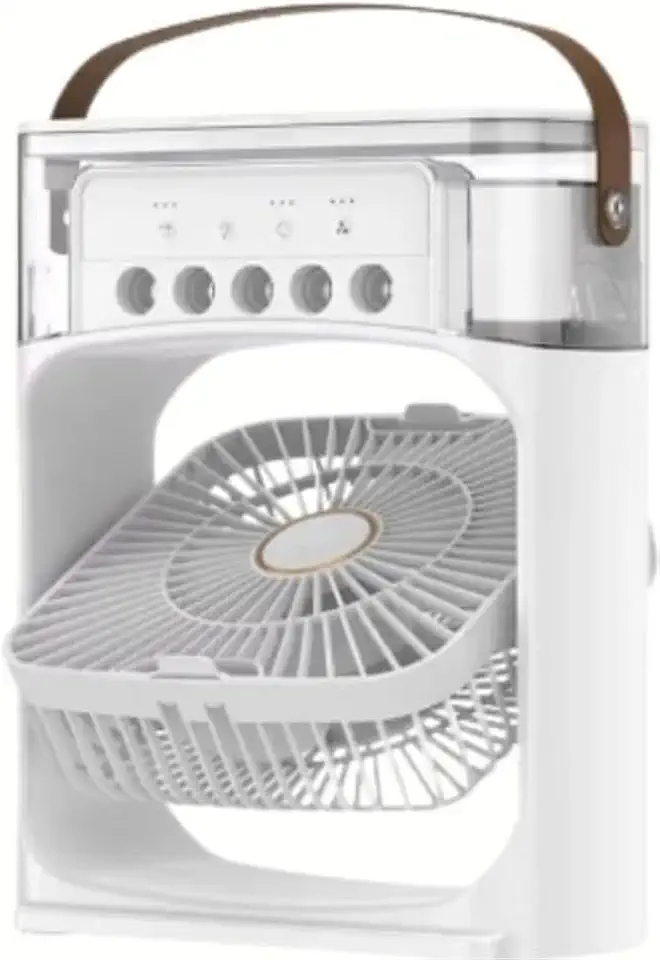 Climatizador Portatil de Mesa 4 em 1, Mini Ar Condicionado, Umidificador, LED 7 Cores, 3 Velocidades, Reservatório 600ml, Branco