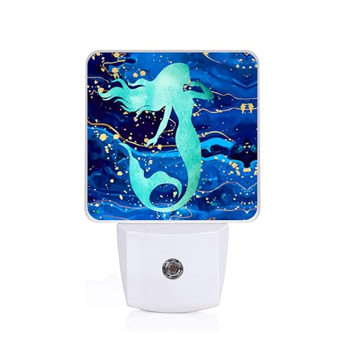 Image of Summer Mermaid Fish Night Light, Plug-into Wall Blue Sea Marble Nightlight Lamp with Dusk to Dawn Sensor, Led Lamp 0.5W Energy Efficient for Boys Girls Adults Home Decor