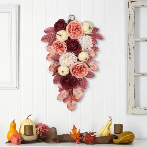 Harvest Teardrop Swag Fall Floral Swag sway with White Pumpkin Chrysanthemum Rose and Eucalyptus Leaves Autumn Teardrop sway for Home Front Door Wall Mantel Window Decor Pink and Burgundy by GnFlus - Image 2
