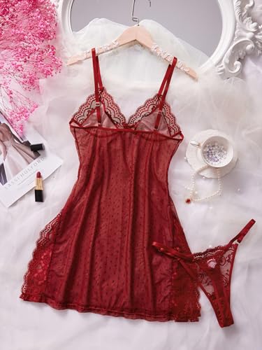 Image of Foxiny Sexy Split Side Floral Lace Trim Full Slip Night Gown Babydoll Lingerie Dress with Thong 2 piece