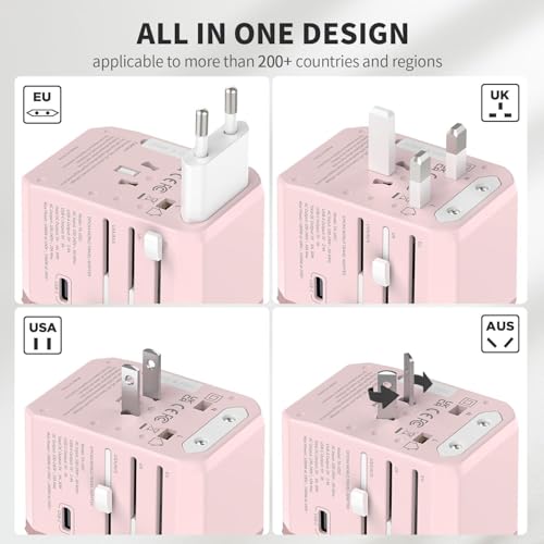 EPICKA Universal Travel Adapter, International Power Plug Adapter with 3 USB-C and 2 USB-A Ports, All-in-One Worldwide Wall Charger for USA EU UK AUS (TA-105C, Pink) - Thumbnail 2
