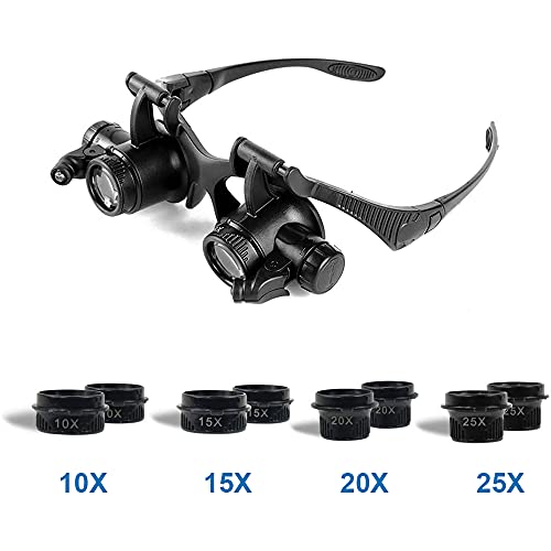 Image of Watch Repair Jewelers Magnifying Glasses Loupe with 4 Lenses, LED Light for Watch, Jewelry, Smartphone, Tablet, Laptop, Drone Electronics Repair 10X /15X /20X /25X Zoom Incl. Manual and Strap
