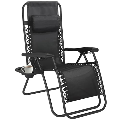 Vivo Technologies Folding Reclining Adjustable Zero Gravity Lounge Chair, Garden Chair Leisure Beach Chairs with Headrest Sun Loungers Powder-Coated Steel Frames, Black