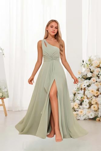 Girls' One Shoulder Chiffon Junior Bridesmaid Dress with Ruffle A-Line Flower Girl Dresses for Weddings3