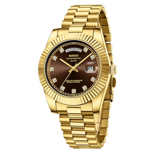 NIBOSI Men Watches Analog Quartz Stainless Steel Watches for Men Waterproof Business Classic Desiger Wrist Watch Day-Date(Gold Brown)