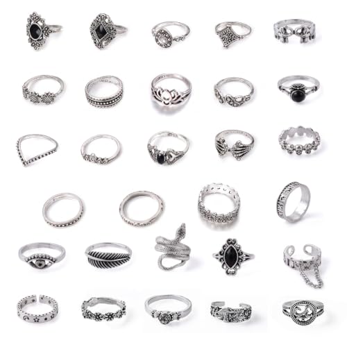 JOVYTH Lot de 21 Bagues Femme Argentées, Bagues Vintage Gothiques, Anneaux de Phalange Serpent Œil Plume Pierre Noire, Bijoux Punk Halloween