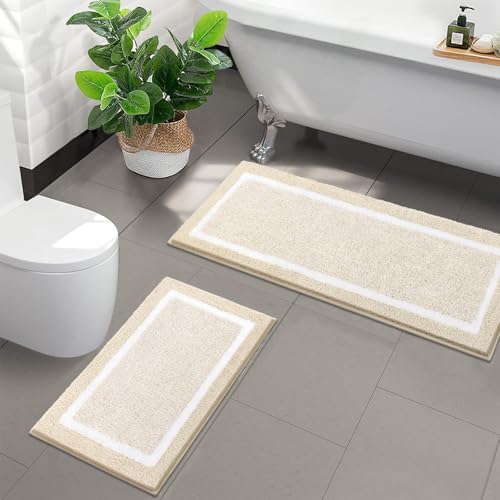 Pauwer Bathroom Rugs Sets 2 Piece, Non Slip Bath Mats for Bathroom, Absorbent Bath Rugs Floor Mat, Machine Washable Shower Rugs for Bath Floor, Tub and Shower, Light Beige