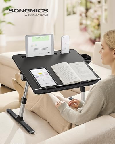 SONGMICS Laptoptisch, Betttisch, Laptopständer, 56 x 40 cm große Tischplatte, 120° stufenlos verstellbar, höhenverstellbar, mit Getränkehalter, Schublade, tragbar, tintenschwarz LLD113BC01