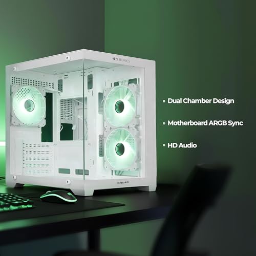 Image of Zebronics Cube Gaming PC Cabinet, 240mm Radiator Support, mATX /ITX Compatibility, 270 Tempered Glass, Magnetic Dust Filter, Bottom PSU Mount, Clean Dual Chamber Layout (Mercury 15, White)