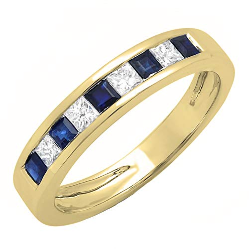Dazzlingrock Princess Blue Sapphire & White Diamond Channel Set Wedding Band in 10K Yellow Gold