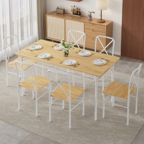 Image of VECELO 7-Piece Dining Table Set for 6, Wood Dinette with Chairs, Natural White