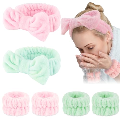WHAVEL 6PCS Spa Headband and Wristbands Set, Face Wash Headband Wrist Bands for Washing Face Makeup Skincare Hair Band Skin Care Accessories Tools Witch Party Favors (Pink & Green)
