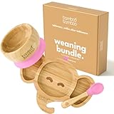 Bamboo Baby Plate with Suction - Kids and Toddler Suction Cup Plate for Babies, Non-toxic All (Elephant)-Natural Bamboo Baby Food Plate Stays Cool to the Touch for Baby-Led Weaning (Pink Bundle)